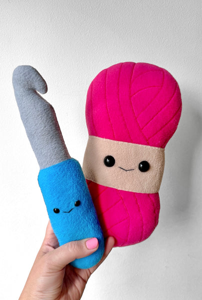 Crochet plushie , yarn skein and crochet hook, handmade knitting novelty gift pillow