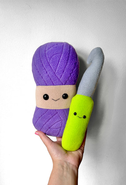 Crochet plushie , yarn skein and crochet hook, handmade knitting novelty gift pillow