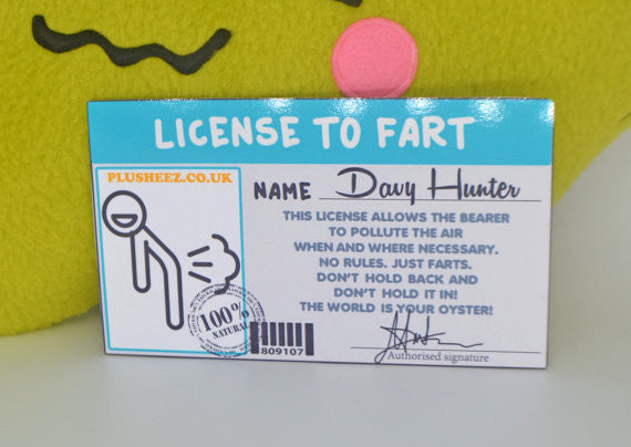 Fart pillow + laminated License to Fart - personalised with your name